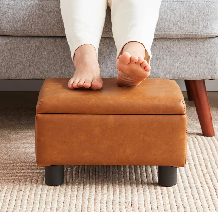 Minimal rectangular faux leather padded small foot stool, practical under-desk foot rest for living room, entryway and bedroom