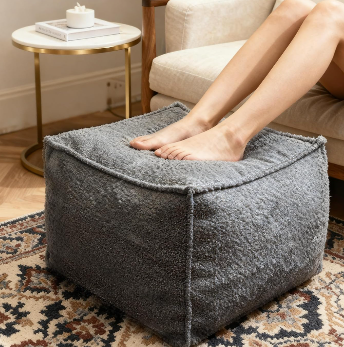 Square boucle fabric pouf foot rest filled with soft lightweight foam, laid-back lounge ottoman for living room and bedroom