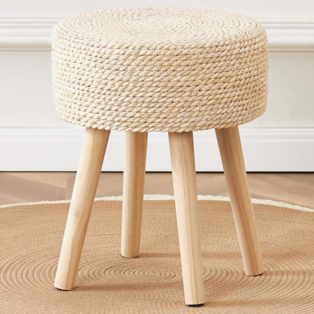 Hand-woven natural seagrass round pouf foot stool with solid wood legs, breathable multi-use step stool for living room, bedroom, balcony and garden