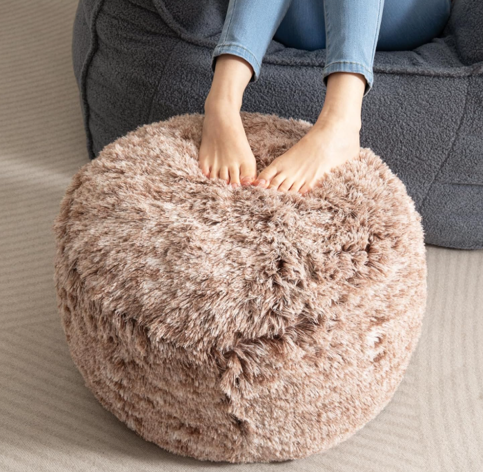 Long faux fur round stuffed storage pouf ottoman filled with foam chunks, fluffy soft floor foot stool for living room
