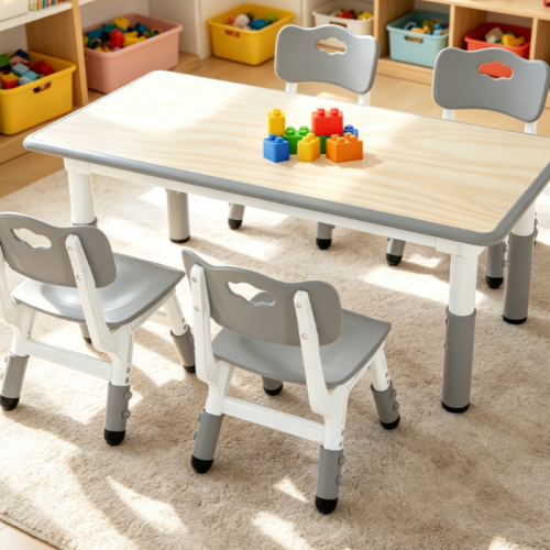 Height-Adjustable Study Table with 4 Chairs and Graffiti Desktop (47.2" x 23.6") for Home, Daycare or Classroom